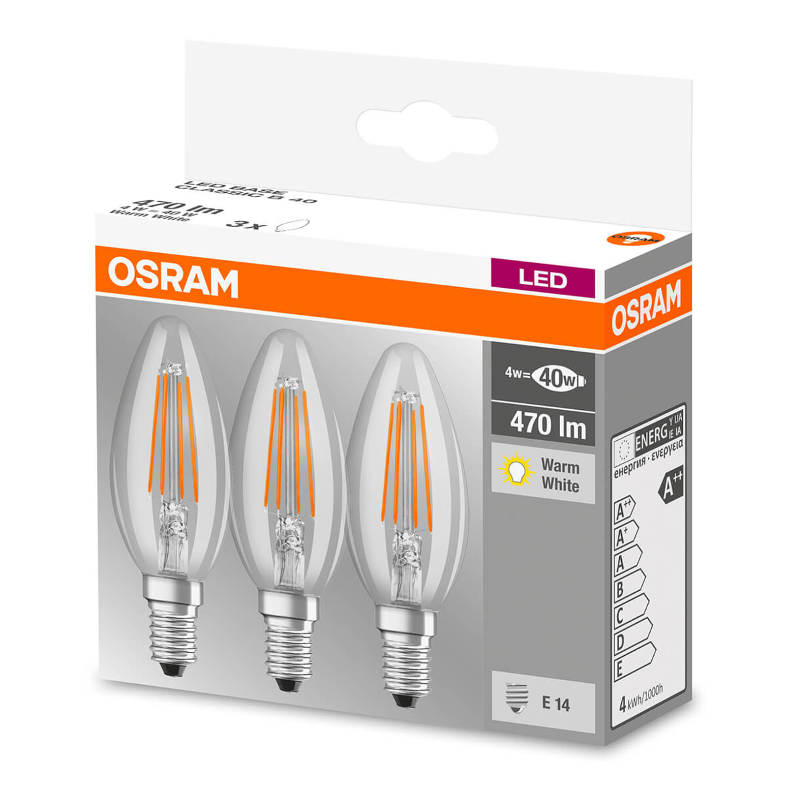 LED-hehkulankalamppu E14 4 W, lämmin valk., 3 kpl