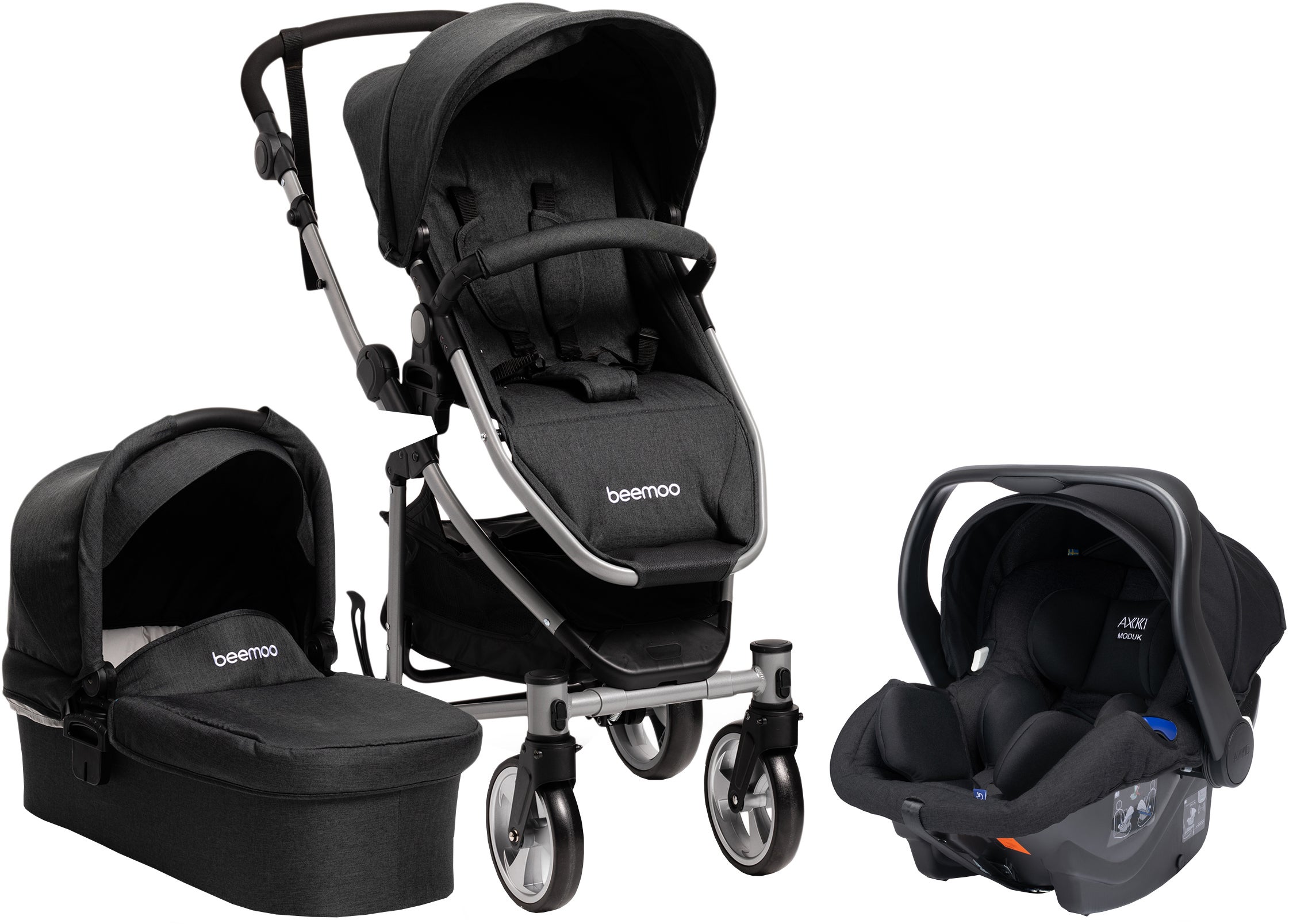 Beemoo Flexi Travel 3 Yhdistelmävaunut & Turvakaukalo, Black Melange