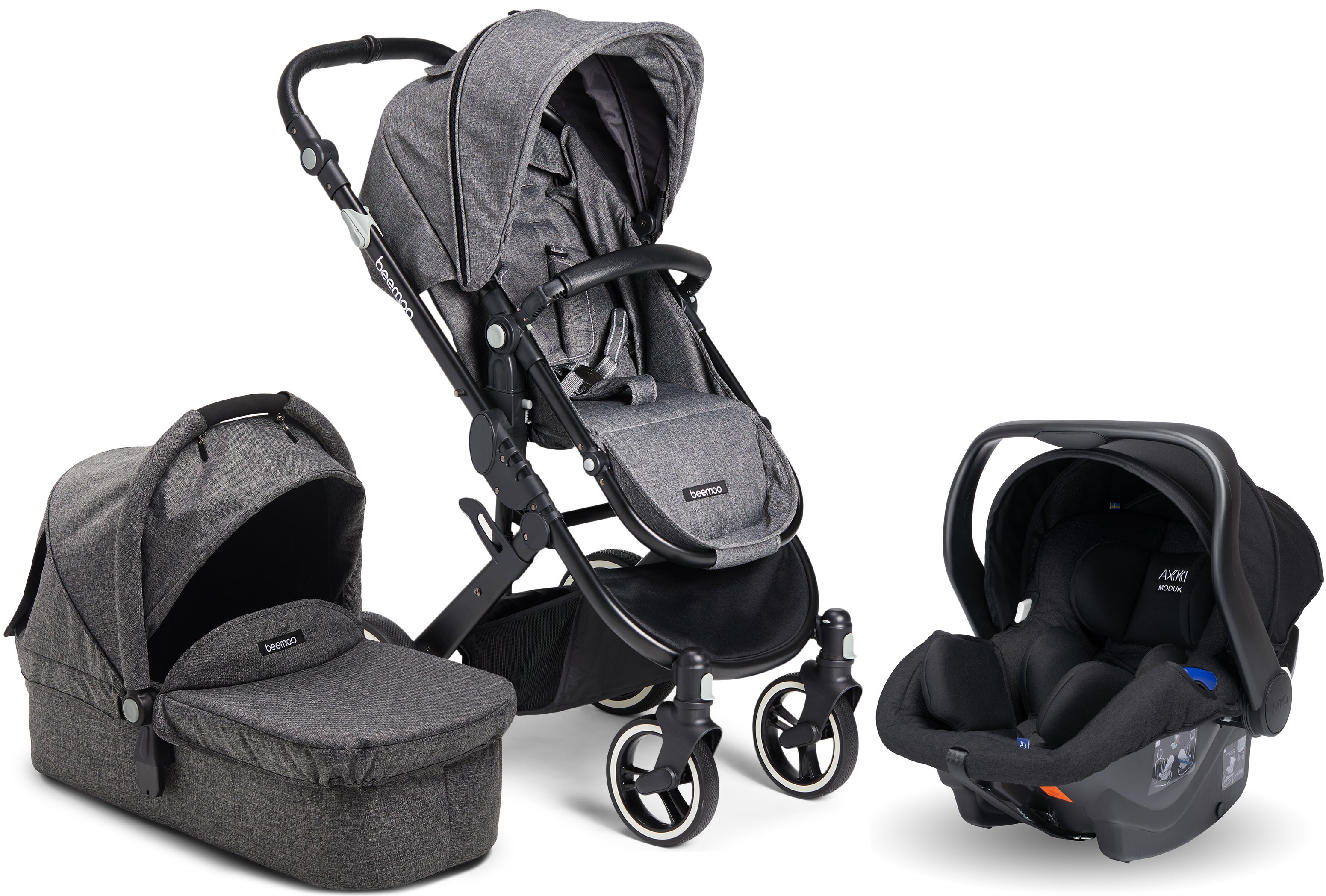 Beemoo Shade Yhdistelmävaunut sis. Modukid Infant Turvakaukalo, Grey Melange