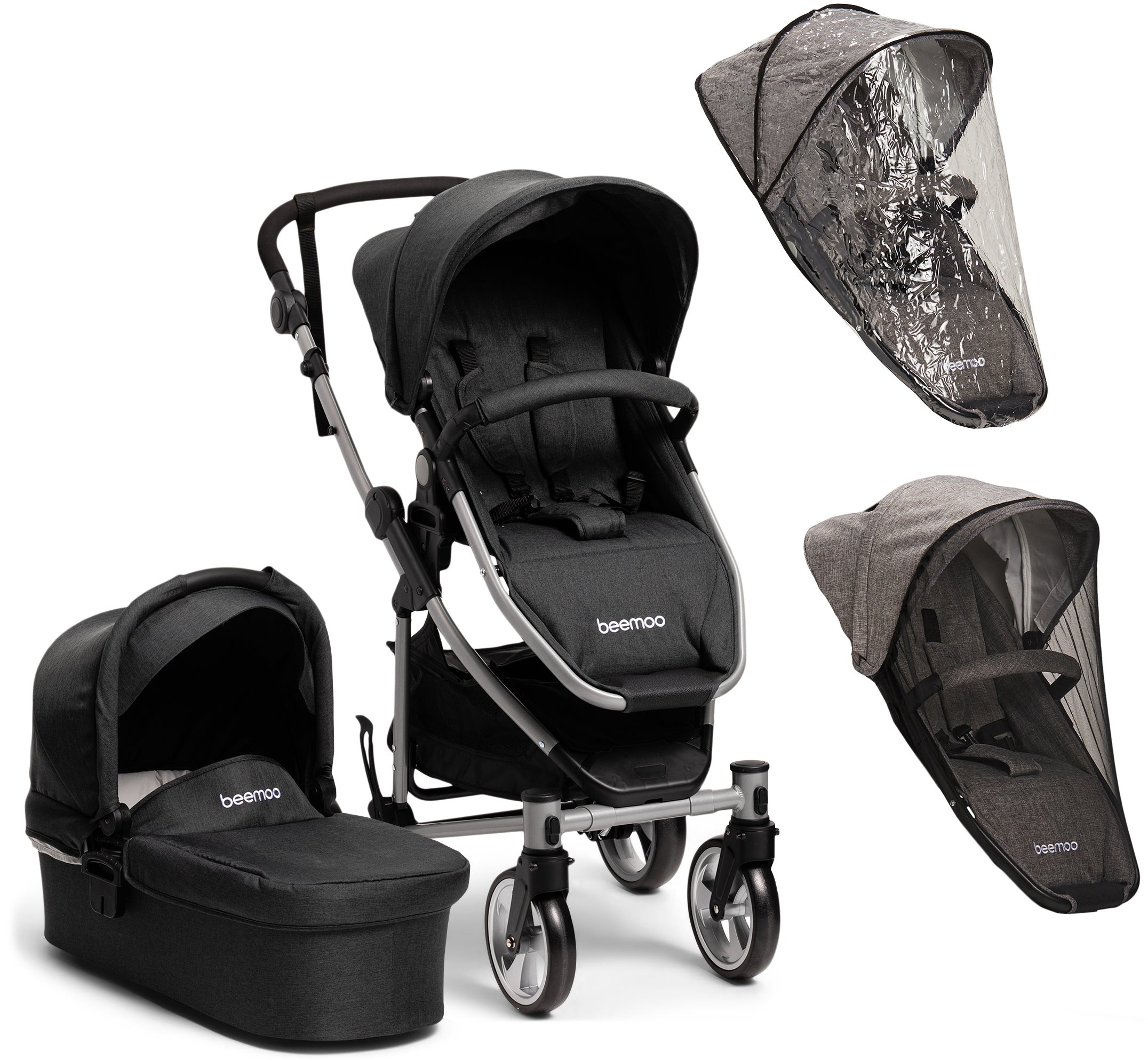Beemoo Flexi Travel 3 Yhdistelmävaunut + Sadesuoja & Hyttysverkko, Black Melange