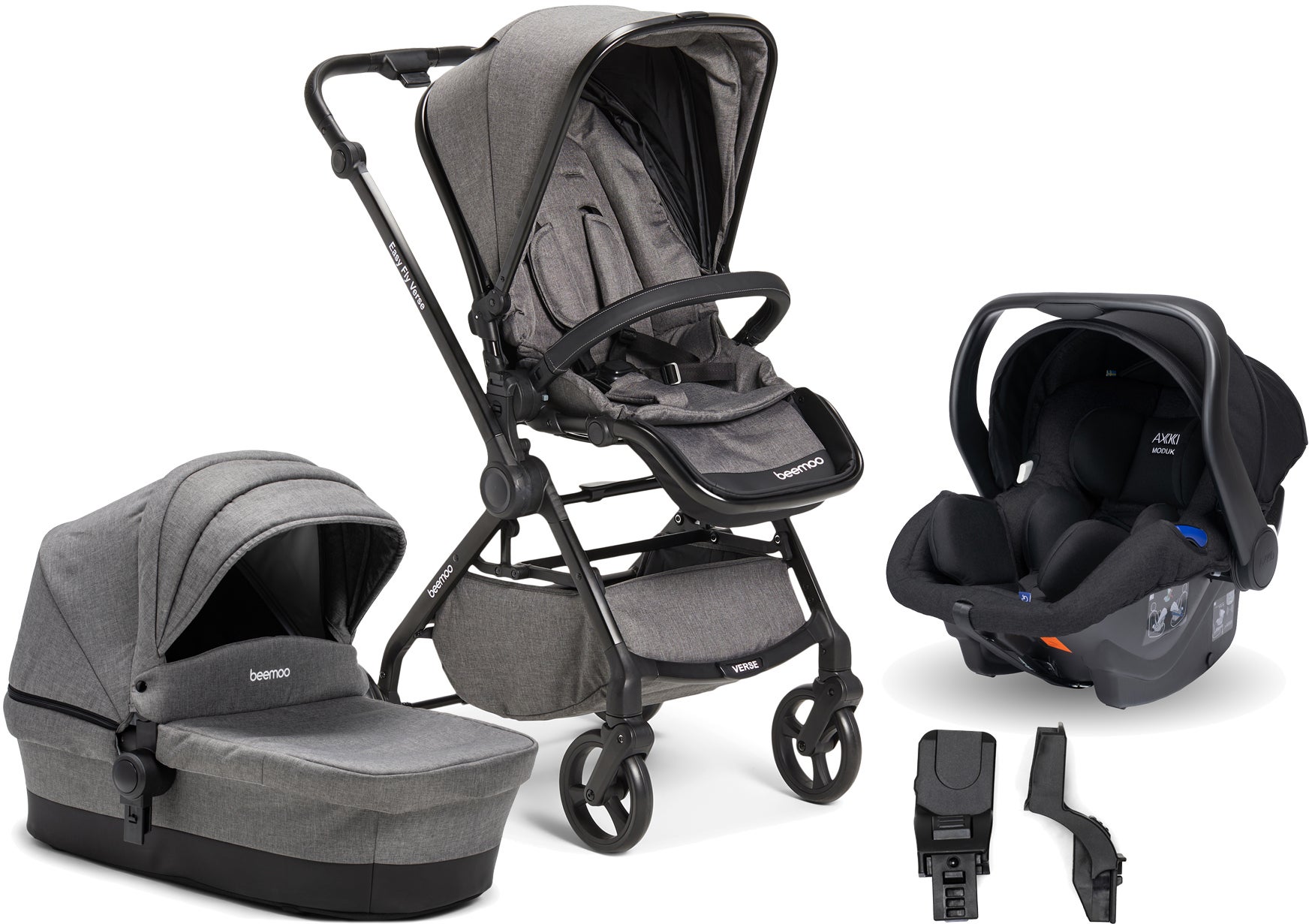 Beemoo Easy Fly Verse Yhdistelmävaunut Sis. Axkid Modukid Turvakaukalo, Grey Melange