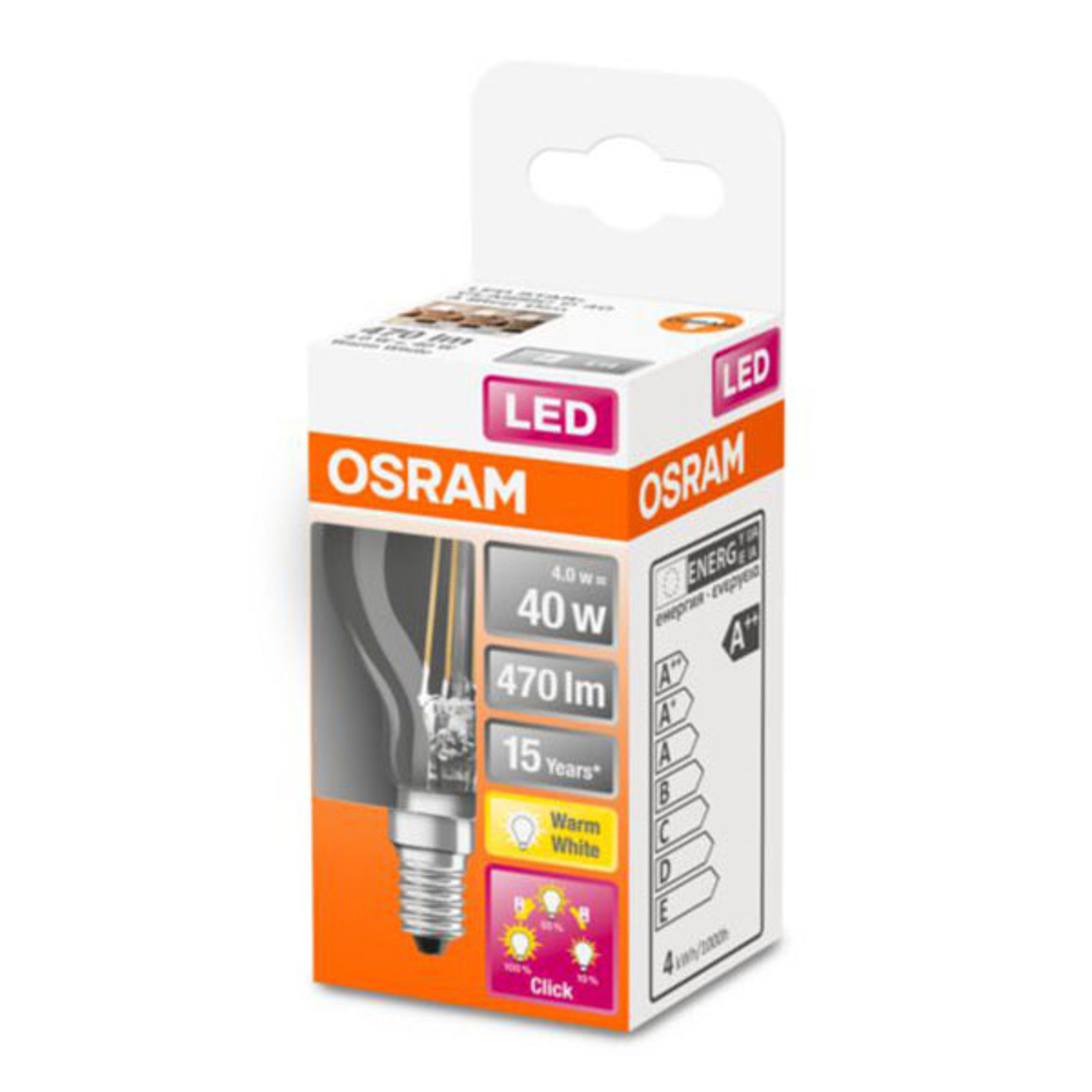 OSRAM Classic P -LED-lamppu E14 4W 827 3-Step-dim