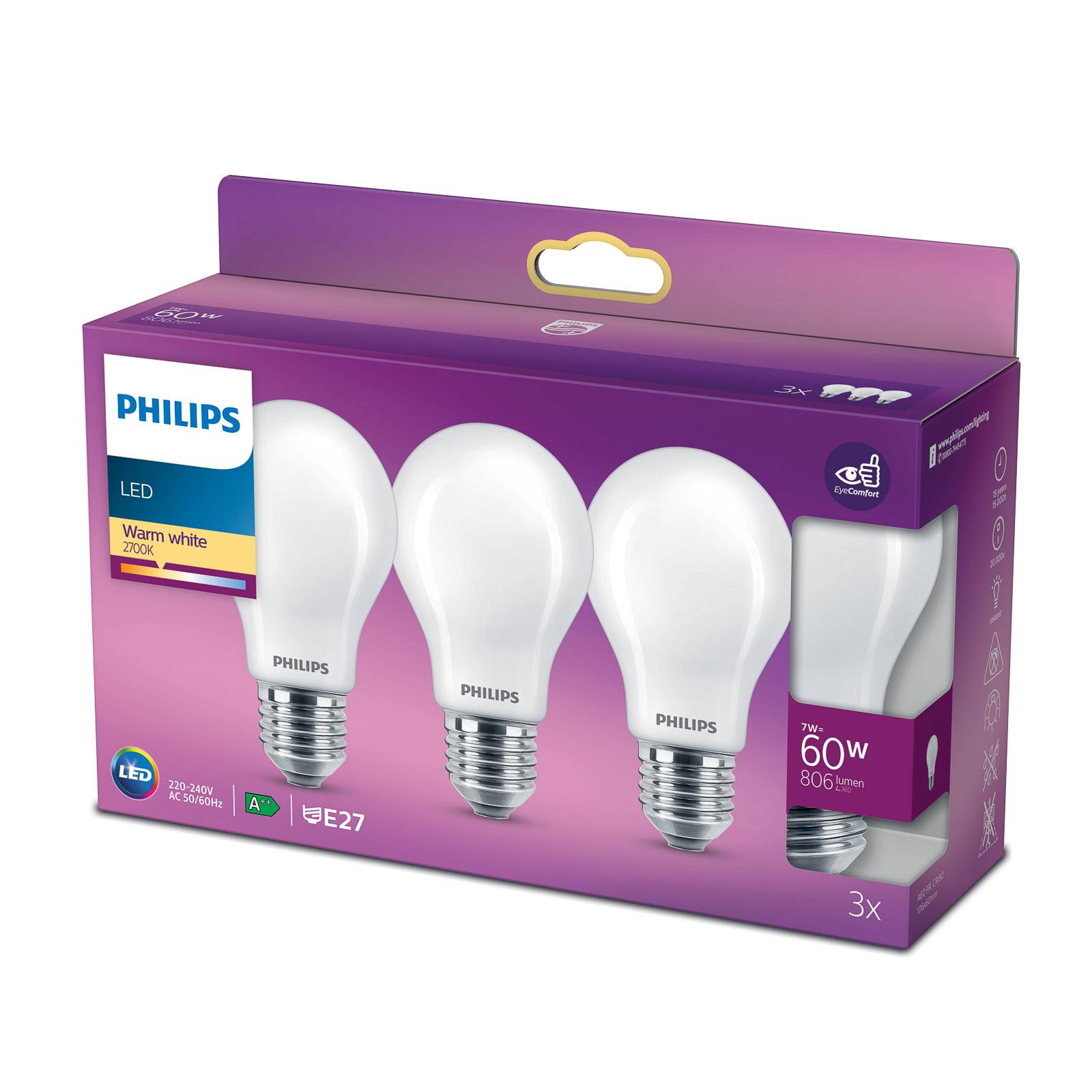 Philips LED-lamppu Classic E27 A60 7W 827 3 kpl