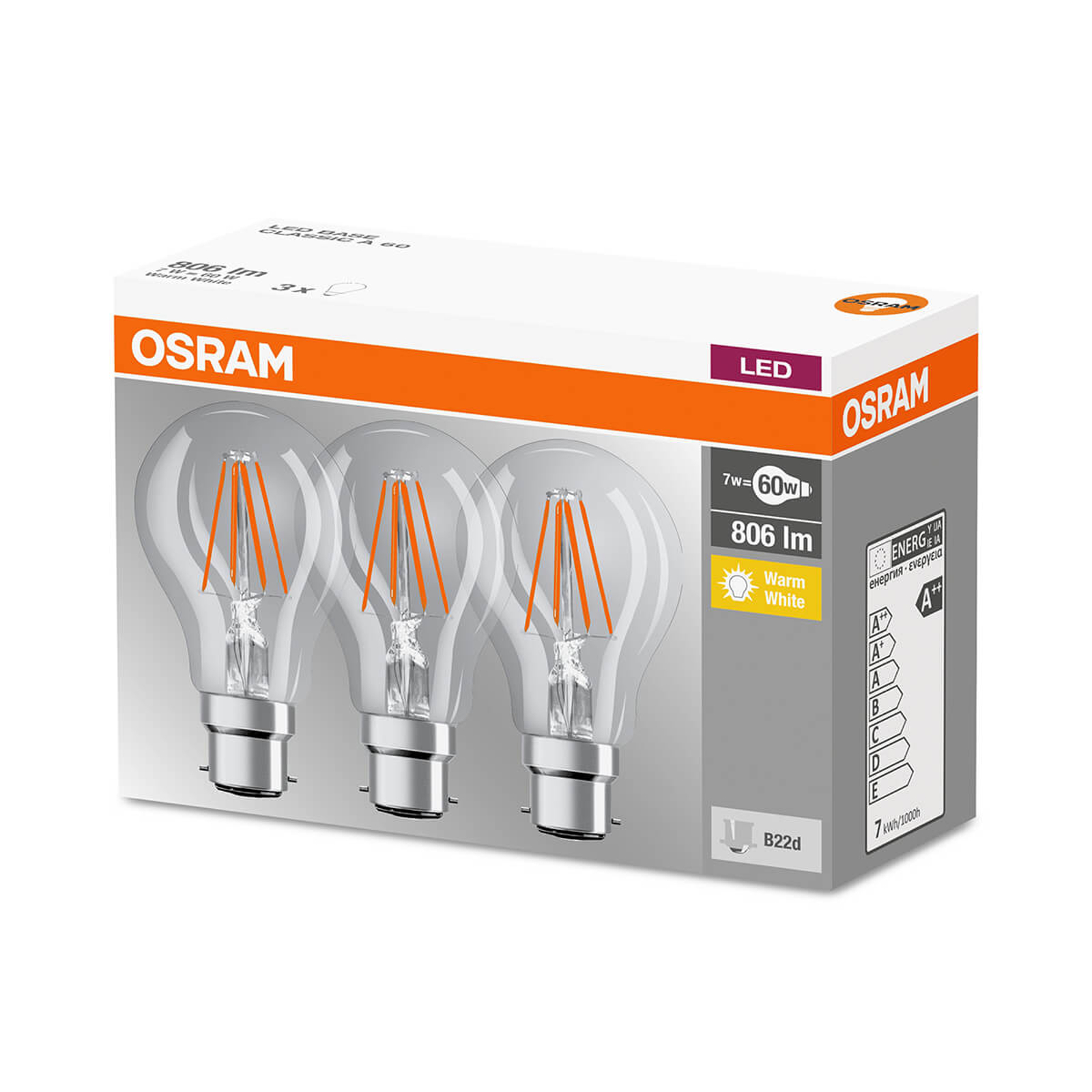 LED-hehkulankalamppu B22d 7 W, lämmin valk., 3 kpl