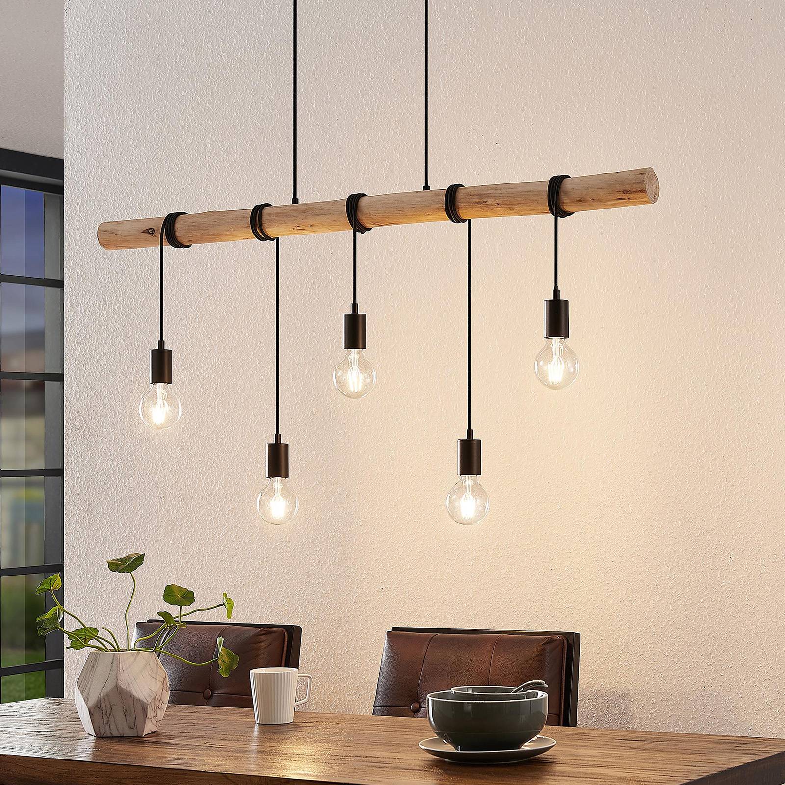 Lindby Rom -riippuvalo puutangolla, 5-lamp.