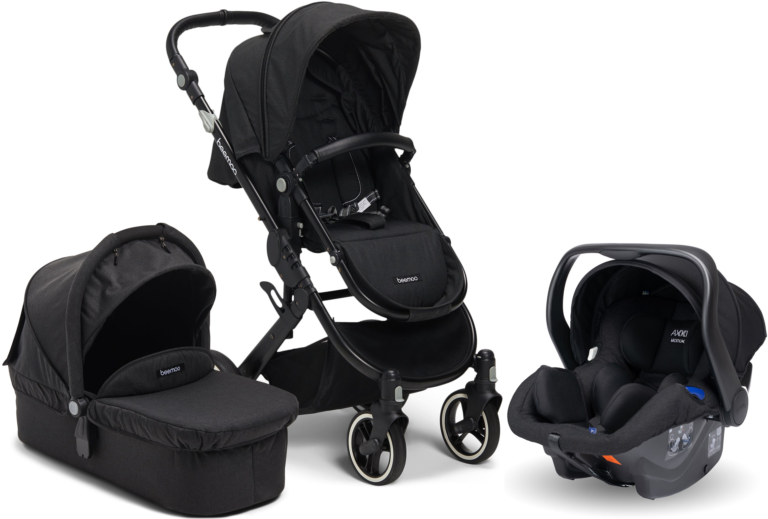 Beemoo Shade Yhdistelmävaunut sis. Modukid Infant Turvakaukalo, Black Melange