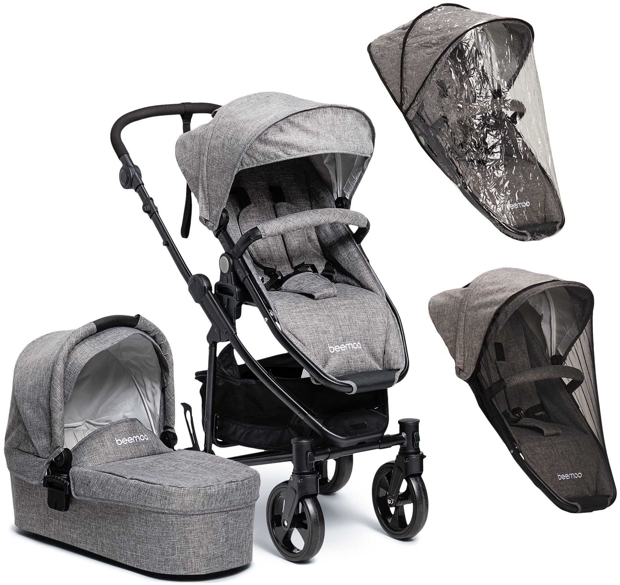 Beemoo Flexi Travel 3 Yhdistelmävaunut + Sadesuoja & Hyttysverkko, Grey Melange